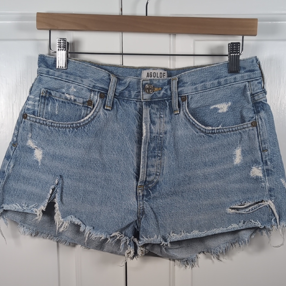 AGOLDE Parker Vintage Cut Off Denim Shorts Light Wash Distressed Size 27 Frayed